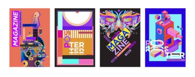 Kapak ve Poster tasarım şablonu dergisi için. Trendy vektör tipografi ve renkli resimde kolaj için kapak ve sayfa düzeni tasarım şablonu 