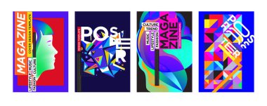 Kapak ve Poster tasarım şablonu dergisi için. Trendy vektör tipografi ve renkli resimde kolaj için kapak ve sayfa düzeni tasarım şablonu 