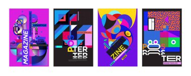 Kapak ve Poster tasarım şablonu dergisi için. Trendy vektör tipografi ve renkli resimde kolaj için kapak ve sayfa düzeni tasarım şablonu 