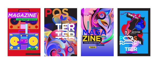 封面和海报设计模板的杂志 时尚矢量版式和五颜六色的插图拼贴封面和页面布局设计模板 — 图库矢量图片