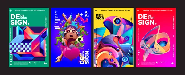 Kapak ve Poster tasarım şablonu dergisi için. Trendy vektör tipografi ve renkli resimde kolaj için kapak ve sayfa düzeni tasarım şablonu