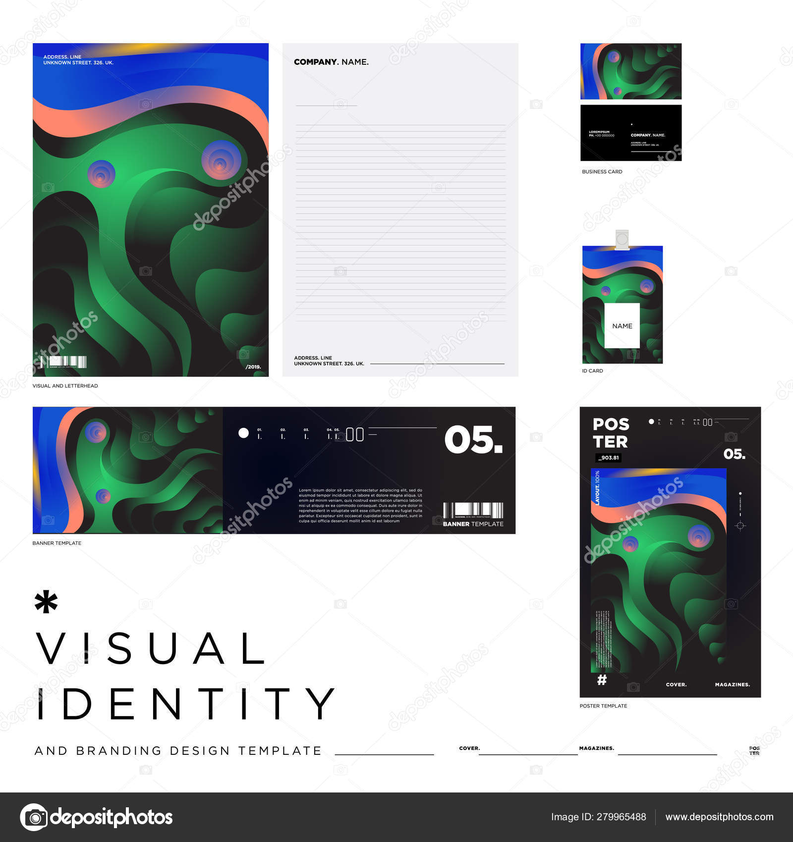 Download Stationery Corporate Brand Identity Mockup Set Colorful Abstract Fluid Background Stock Vector C Rebermant 279965488 PSD Mockup Templates