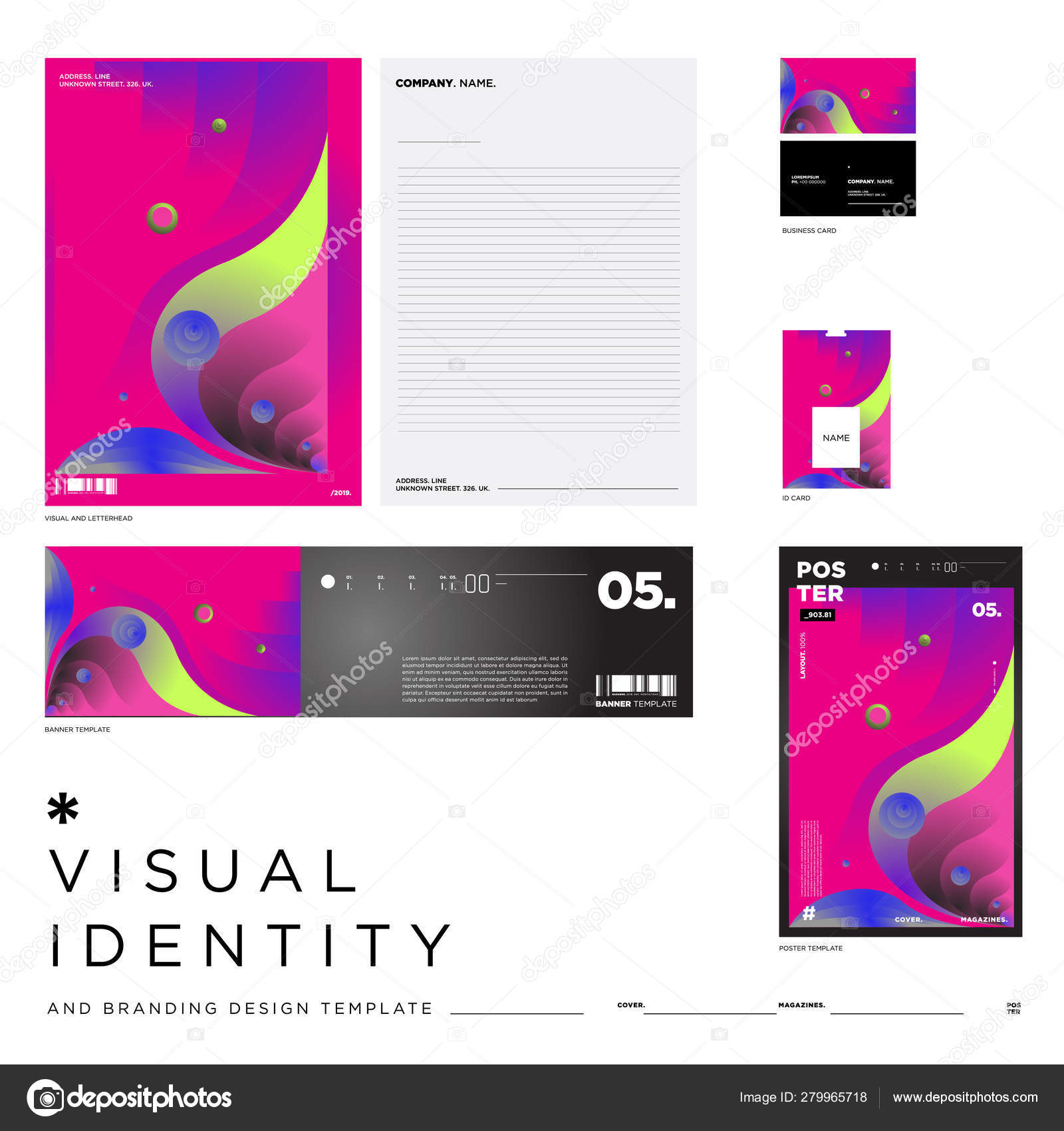 Download Stationery Corporate Brand Identity Mockup Set Colorful Abstract Fluid Background Vector Image By C Rebermant Vector Stock 279965718