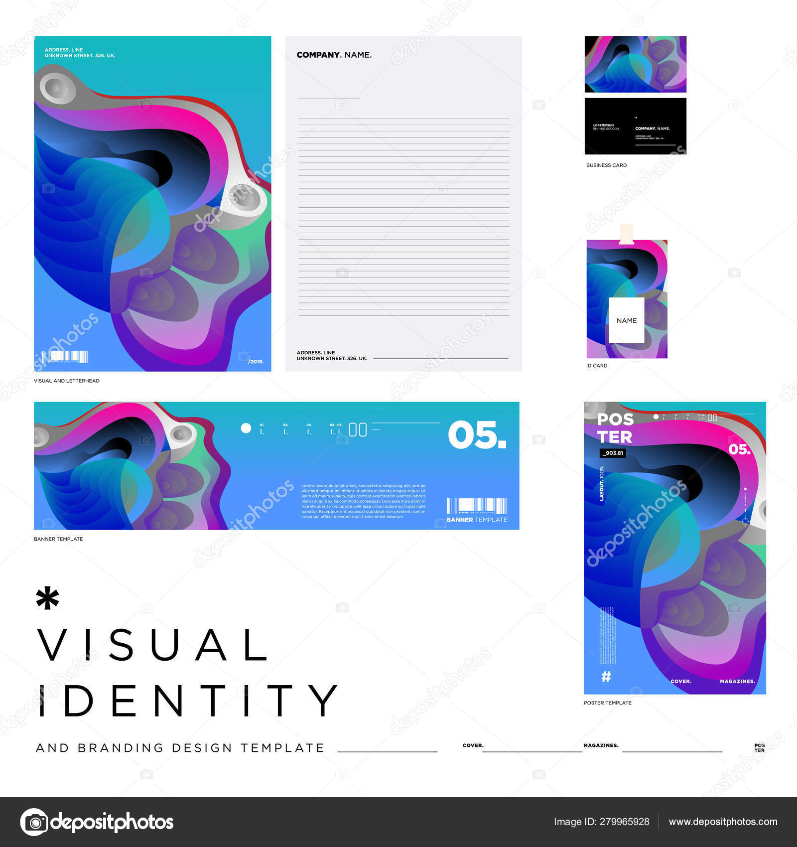 Download Stationery Corporate Brand Identity Mockup Set Colorful Abstract Fluid Background Vector Image By C Rebermant Vector Stock 279965928