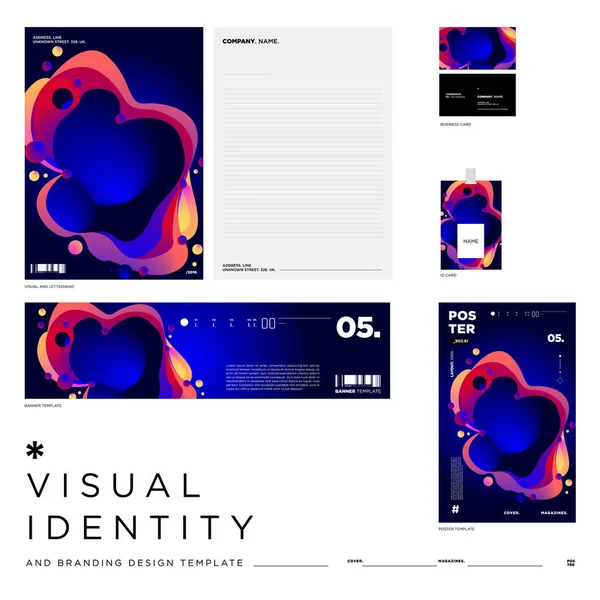 カラフルな抽象流体の背景を持つ文房具コーポレートブランドのアイデンティティモックアップセット ベクトルイラストブランディング イベント バナー ウェブサイトのモックアップ — ストックベクタ
