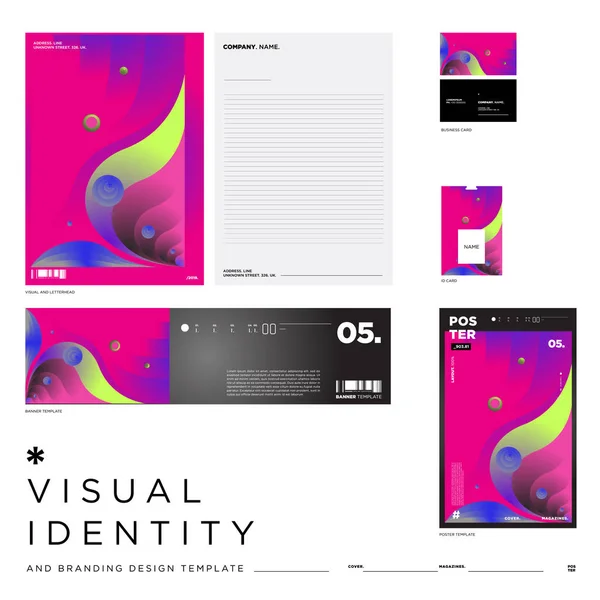 Stationery Corporate Brand Identity Mockup Set Colorful Abstract Fluid Background — Stock Vector