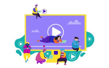 oyun simgesi ile büyük monitör yakınında mobil cihazlar kullanan karikatür insanlar grubu , düz yatıyordu, sosyal medya bağımlılığı kavramı 