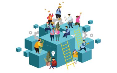 beyaz arka plan üzerinde izole küpler üzerinde çalışan karikatür insanlar grubu, düz yatıyordu, beyin fırtınası kavramı 