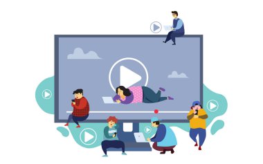 oyun simgesi ile büyük monitör yakınında mobil cihazlar kullanan karikatür insanlar grubu , düz yatıyordu, sosyal medya bağımlılığı kavramı 