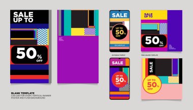 yüzde 50 indirim ile parlak renkli sosyal medya geometrik sonrası şablonları kümesi