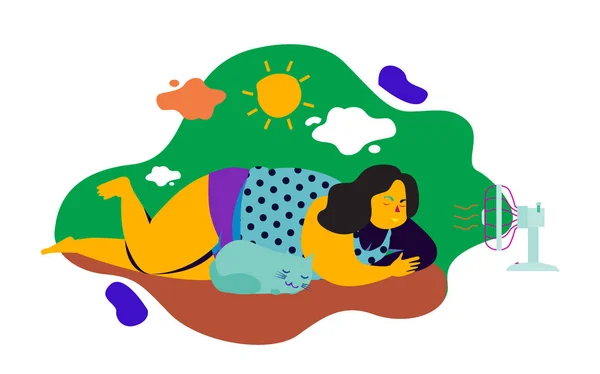 暑い晴れた日に屋外に横たわっている猫と漫画の女性で空気の空気の流れを吹くファン 夏のコンセプト — ストックベクタ