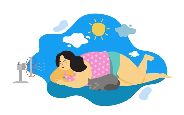 球迷吹空气流在卡通女人与猫躺在户外在炎热的阳光明媚的日子 夏天的概念 — 图库矢量图片