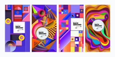 Vektör Renkli Etnik Geometrik Desen Arka Plan Seti. Afiş, Poster, Kapak, Ambalaj Tasarım Şablonu için Desen Arka Plan Çizimi.