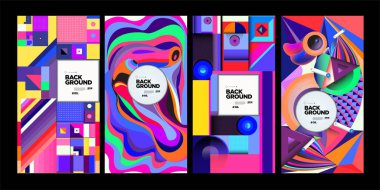 Vektör Renkli Etnik Geometrik Desen Arka Plan Seti. Afiş, Poster, Kapak, Ambalaj Tasarım Şablonu için Desen Arka Plan Çizimi.