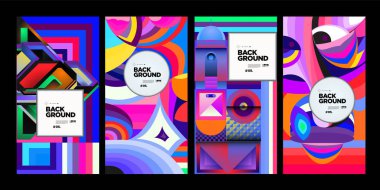 Vektör Renkli Etnik Geometrik Desen Arka Plan Seti. Afiş, Poster, Kapak, Ambalaj Tasarım Şablonu için Desen Arka Plan Çizimi.