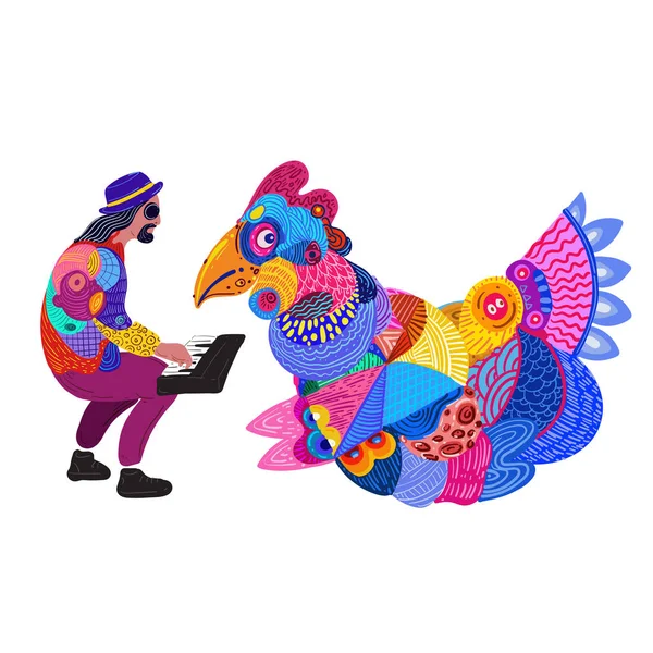 一个人在与鸡交谈时弹钢琴的矢量插图 设计装饰当代印度尼西亚和亚洲蜡染 — 图库矢量图片