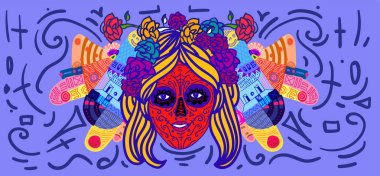 Neşeli Ölüler Günü afiş, renkli iskelet ve kafatasları mutlu doodle tarzı illüstrasyon renkli dans, İspanyolca ve Meksika tatil adı