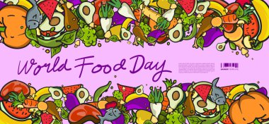 Dünya Gıda Günü Banner Vektör İllüstrasyon Çeşitli Gıda, Meyve ve Sebzeler. Vektör Renkli Yazı Gıda Doodle İllüstrasyon Web Sitesi için, Açılış Sayfası, Afiş, Afiş, Baskı, Hikaye. - Vektör