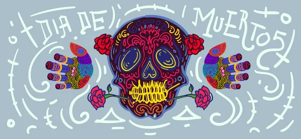Affiche Joyeuse Journée Des Morts Squelette Coloré Crânes Dansant Joyeusement — Image vectorielle