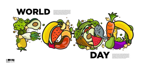 World Food Day Banner Vector Illustration Various Food, Fruits, and Vegetables. Vector Colorful Lettering Food Doodle Illustration for Website, Landing Page, Banner, Poster, Print, Story. - Vector