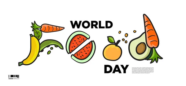 World Food Day Banner Vector Illustration Various Food, Fruits, and Vegetables. Vector Colorful Lettering Food Doodle Illustration for Website, Landing Page, Banner, Poster, Print, Story. - Vector