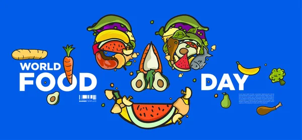 World Food Day Banner Vector Illustration Various Food, Fruits, and Vegetables. Vector Colorful Lettering Food Doodle Illustration for Website, Landing Page, Banner, Poster, Print, Story. - Vector