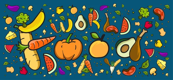 世界粮食日横幅矢量插图各种食物 水果和蔬菜 矢量彩色字母食品涂鸦插图的网站 着陆页 — 图库矢量图片