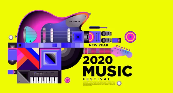 Müzik Festivali İllüstrasyon Tasarım 2020 Yeni Yıl Partisi ve Olay için. Vektör İllüstrasyon Kolaj Müzik Festivali Arka Plan ve Duvar Kağıdı