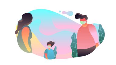 Corona virüsü, covid-19 salgını sırasında bir grup insan sosyal mesafeli ilişki kuruyor.