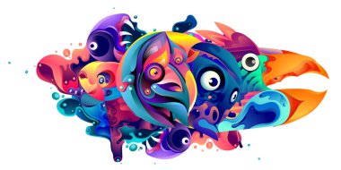 Vektör soyut karikatür karalama canavarı renkli çizim. Sıvı ve akışkan kabile dövmesi, çıkartma, afiş ve duvar kağıdı arka planı.