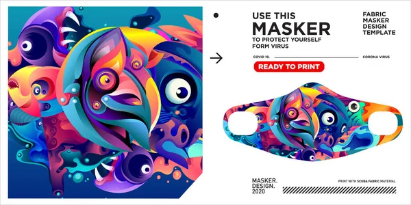 Modèle Conception Masker Maquette Factice Avec Illustration Motif Magnifique Coloré — Image vectorielle