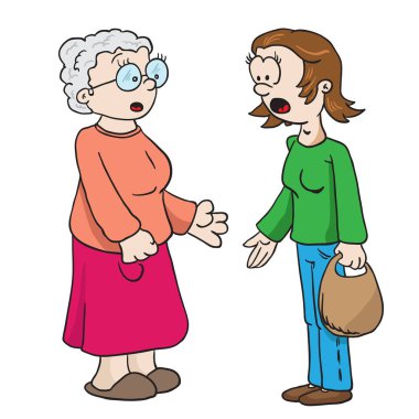 Annem ve büyükannem konuşuyor karikatür illüstrasyon izole beyaz