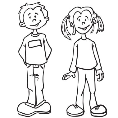 simple black and white boy and girl cartoon clipart