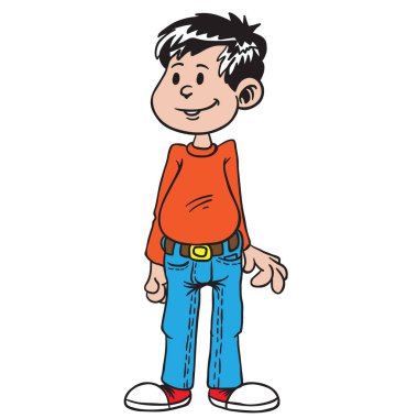 Çocuk ayakta el Beyaz çizilmiş karikatür illüstrasyon izole gülümseyen