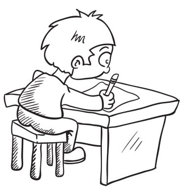 siyah ve beyaz çocuk ev ödevi karikatür çizim yapıyor