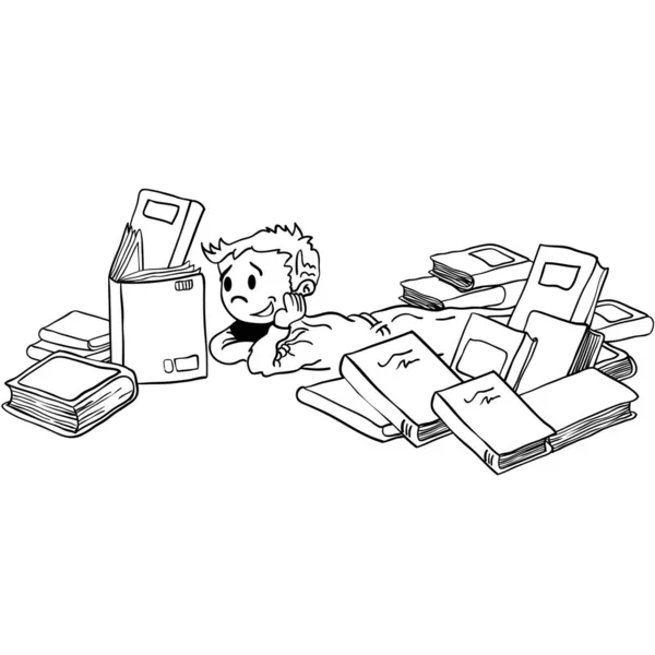 Bambino Bianco Nero Con Libri Illustrazione Cartone Animato — Vettoriale Stock