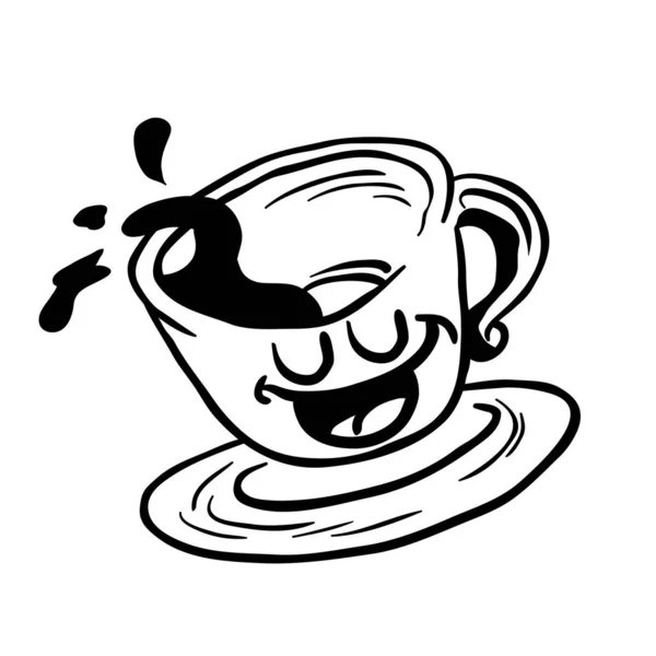 Schwarz Weiß Glücklich Kaffeetasse Verschüttet Cartoon Illustration — Stockvektor