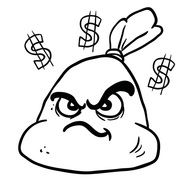 Black White Angry Money Bag Cartoon Illustration — Stock Vector