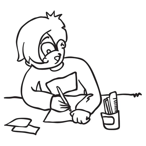 Ilustración Dibujos Animados Blanco Negro Niño Escribiendo Carta — Vector de stock