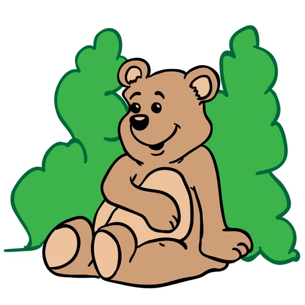 Cute Little Bear Sitting Front Green Bush — Stock Vector