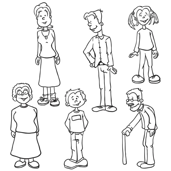 Simple Familia Blanco Negro Conjunto Dibujos Animados — Archivo Imágenes Vectoriales