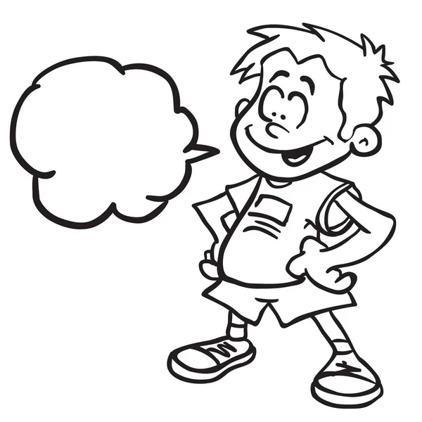 Jongen Lachend Met Toespraak Bubble Staande Zwart Wit Cartoon Afbeelding — Stockvector