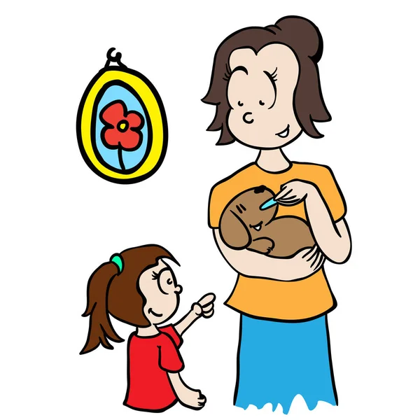 Moeder Voeding Van Een Hond Cartoon Afbeelding — Stockvector