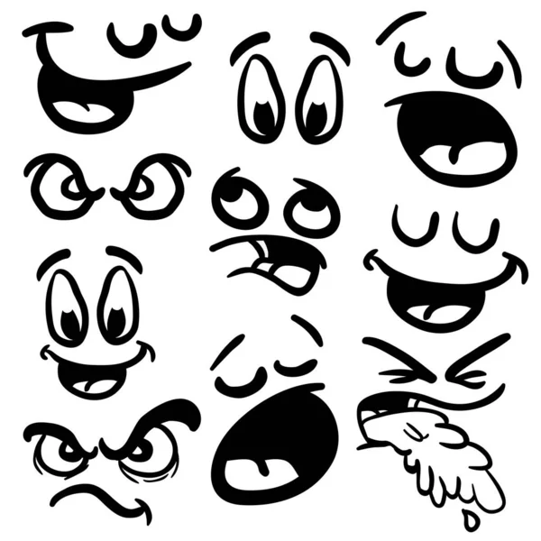 Conjunto Blanco Negro Ojos Bocas Dibujos Animados Aislados Blanco — Vector de stock