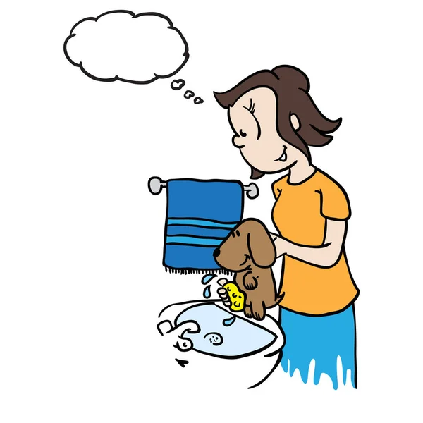 Mom Thought Bubble Washing Dog Cartoon — Stock Vector