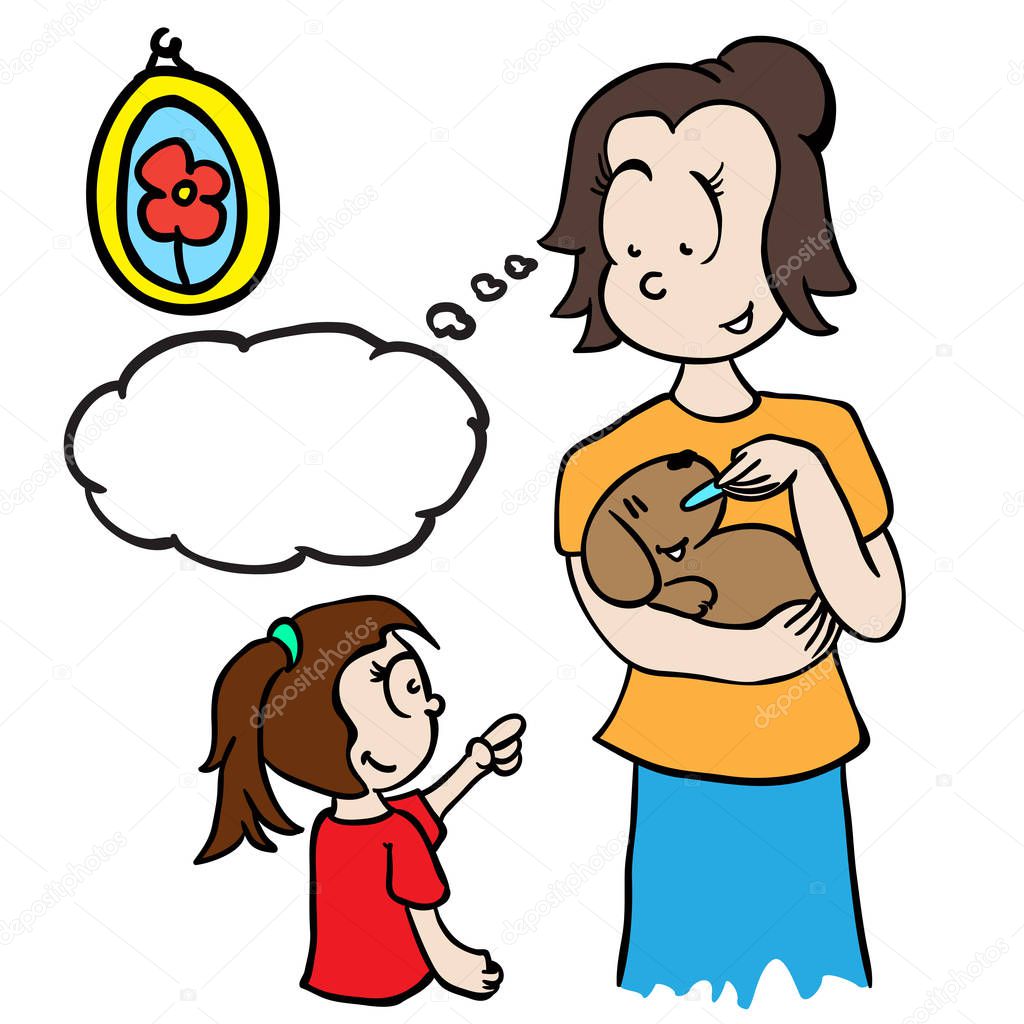 mom with thought bubble feeding a dog cartoon