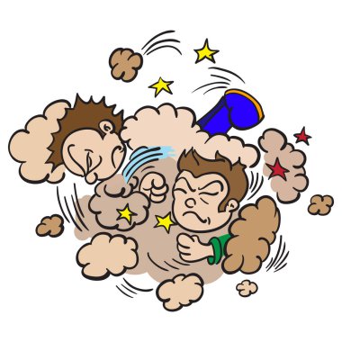 cartoon illustration of  two boys fighting in a cloud of dust