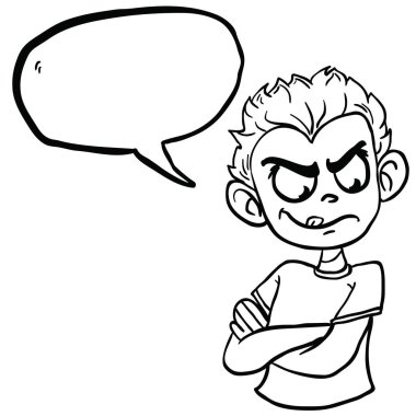 kötü çocuk üzerinde beyaz izole konuşma kabarcık karikatür çizim ile