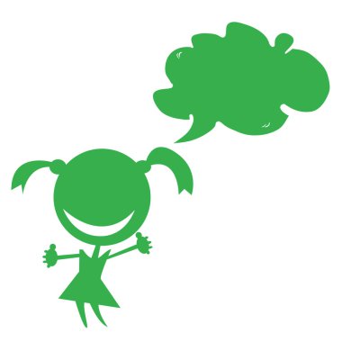 konuşma kabarcık karikatür çizim üzerinde beyaz izole ile gülümseyen kız