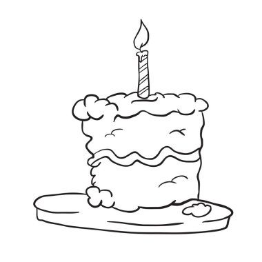 Doğum günü pastası üzerinde bir levha siyah beyaz çizgi film illüstrasyon izole beyaz